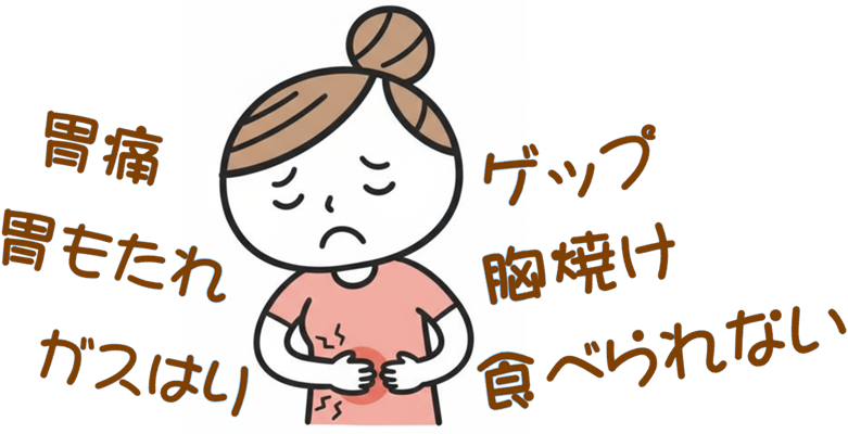 逆流性食道炎、胸焼け、胃痛、胃もたれ、ゲップ、ガスはり、食欲不振